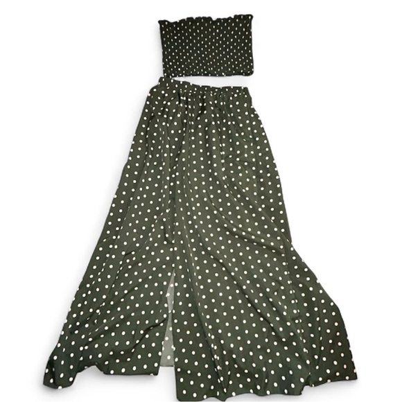 Green Polka Dot Two-Piece Set Tube Top and Maxi Skirt with Slit - Picture 1 of 7